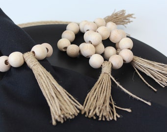 Wooden Bead Napkin Ring, Jute Fringed Bead Napkin Holder, Boho Wooden Bead Napkin Ring, Kitchen Decor, Christmas Table Decor, Wedding Decor