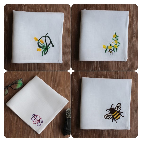Embroidered Luxury Linen Handkercief, Personal Logo Embroidered Linen Handkies, Embroidered Linen Handkies for Bridal Shower, Custom Hanky