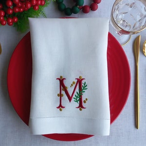 Mistletoe Embroidered Linen Napkin, Monogrammed Christmas Napkin, Linen Xmas Gift, Personalized Napkin, Hemstitched Linen Christmas Napkin