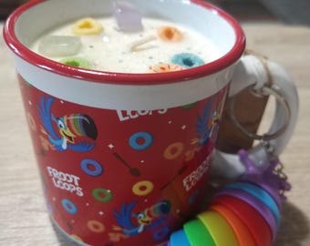 Fruit loops cereal soy candle mug with gemstones and keychain. Sugary scented. Makes a fun gift.