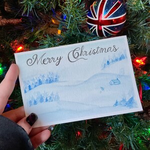 Carte de scène enneigée de Noël | Fait main individuellement | Aquarelle | 4x6 | Carte vierge