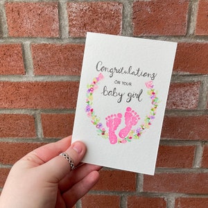 Félicitations pour votre petite fille ! | Fait main individuellement | Aquarelle | 4x6 | Carte vierge