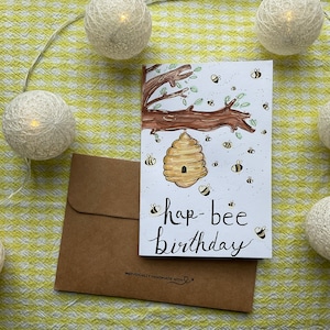 Carte d’anniversaire Hap-Bee | Individuellement fait à la main | Aquarelle | 4 x 6 | Carte vierge