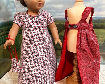Custom 18th Century Historical Regency Red and Silver Gown 7 Piece Ensemble - Dress, Trained Spencer, Shoes for American Girl Like Dolls