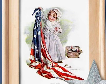Vintage July 4th Patriotic Girl Sewing American Flag Art, Betsy Ross Image, Americana Ephemera, for stickers, tags crafts journals scrapbook