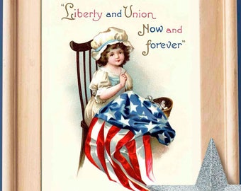 Vintage July 4th Patriotic Girl Sewing American Flag Art, Betsy Ross Image, Americana Ephemera, for stickers, tags crafts journals scrapbook
