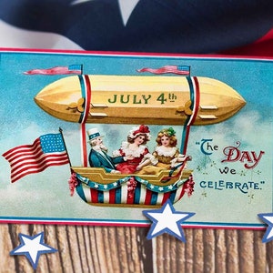 4 juillet patriotique, carte postale vintage, quatrième image victorienne imprimable à télécharger, drapeau américain, oncle Sam, dirigeable éphémère Americana, graphique
