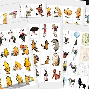 Étiquettes d'autocollants Winnie l'ourson imprimables en téléchargement numérique. étiquettes vintage, clipart baby shower, fête d'anniversaire, scrapbooking, travaux manuels