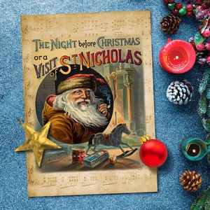 Night Before Christmas Book Cover, Victorian Santa art Vintage instant digital download printable wall art, home decor, scrapbooks, etc.