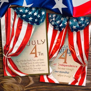 Drapeau américain patriotique vintage du 4 juillet Images quatrième cartes postales victoriennes, Americana artisanat numérique imprimable art décoration de fête éphémère