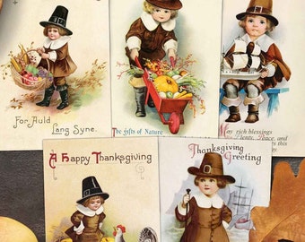 Printable Vintage Thanksgiving Postcards. Pilgrim Boys Victorian Digital Download. Fall table decor, collage, scrapbooking, craft, journals.