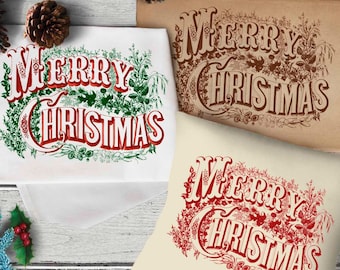 May include: Three different versions of a "Merry Christmas" design printed on fabric. The designs feature a vintage style font with red and green lettering and floral accents.