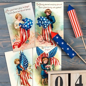 Patriotische Weinlese 4. Juli amerikanische Flaggen mit Jungen Bilder-viktorianische Postkarten-Gedenk-Tag Americana druckbare Ephemera Grafik-Partydekor