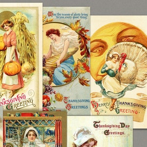 Cartes postales vintage imprimables pour Thanksgiving éphémères, images de dames victoriennes en téléchargement numérique. Décoration d'automne, scrapbooking, carnet de broussailles