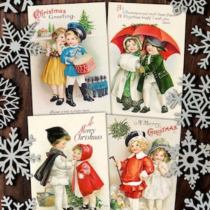 Druckbare Vintage Weihnachtspostkarten. Viktorianische Jungen und Mädchen Digitale Grußkarten. Antike Urlaub Scrapbooking, Junk Journals Clip Art