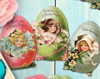 Printable Vintage Religious Easter Egg Girls Clipart Images, Victorian Postcards Scrap Digital download, Diecut Scrapbooking junk journal