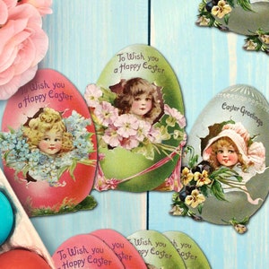 Cartoline pasquali vintage stampabili. Uova di Pasqua fustellate con grafica clipart di ragazze. Download digitale vittoriano. Tag, album, diario