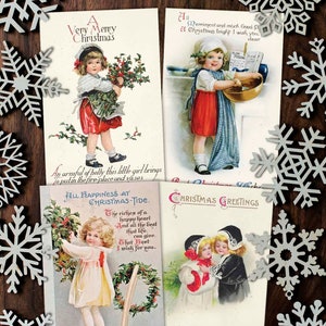 Druckbare Vintage Weihnachtspostkarten. Viktorianische Mädchen Digitale Grußkarten. Antike Urlaub Scrapbooking, Junk Journals Clip Art Bilder