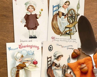 Printable Vintage Thanksgiving Postcards, Pilgrim Girls images, Victorian Digital Download. Fall Autumn decor, scrapbooking, junk journals