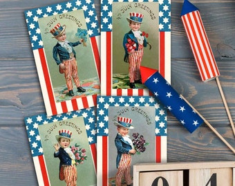 Patriotic Vintage American Flags With Boys Images, Victorian Postcards, July 4th crafts, digital printable art ephemera graphics party decor