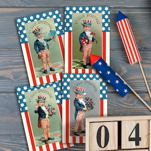 Vaterländische Vintage amerikanische Flaggen mit Jungen Juli 4th Handwerk, Bilder, viktorianische Postkarten, digital druckbare Kunst Ephemera Grafiken Partydekor