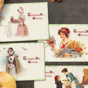Cartes postales imprimables vintage pour Thanksgiving, téléchargement numérique pour dames victoriennes. Décoration de table automne, scrapbooking, carnets indésirables