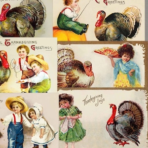 Cartes postales imprimables vintages de Thanksgiving, téléchargement numérique d'enfants victoriens et de dindes. Décoration d'automne, scrapbooking, carnet de broussailles