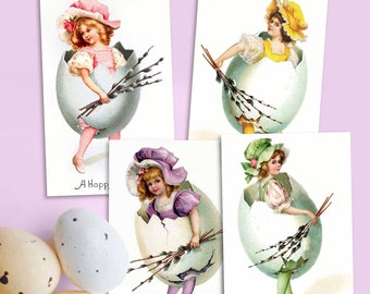 Cartes postales de Pâques vintage imprimables. Images Clipart de filles dans des œufs de Pâques. Téléchargement victorien, scrapbooking, étiquettes d'autocollants de journal de rebut d'artisanat