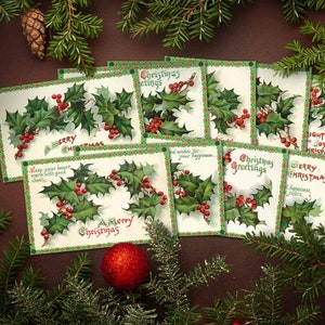 Cartes postales de Noël vintage imprimables. Carte de voeux numérique victorienne houx, album de journal indésirable image clipart verdure de vacances antique