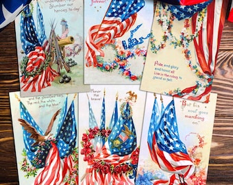 Vintage American Flag Memorial Day, July 4th Postcards, Patriotic Art , Americana Ephemera, Printable Digital Download