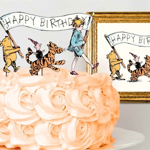 Classic Winnie the Pooh Banner Clipart, birthday party baby shower decoration Happy Birthday sign cake topper sublimation Digital printable