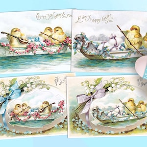 Cartoline pasquali vintage stampabili, immagini clipart di pulcini in barca. Download vittoriano. Scrapbooking, artigianato, diari spazzatura, adesivi, etichette
