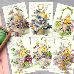 Cartoline pasquali vintage stampabili. Cestini di fiori con grafica clipart di pulcini, download vittoriano. Artigianato, adesivi per scrapbooking e diario spazzatura