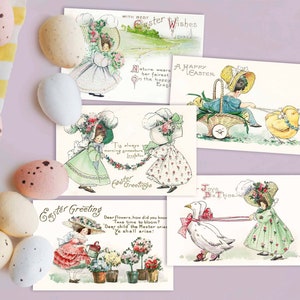 Cartoline pasquali vintage stampabili. Immagini clipart di ragazze con cappellini pasquali. Download vittoriano. Scrapbooking, artigianato, adesivi per diari spazzatura