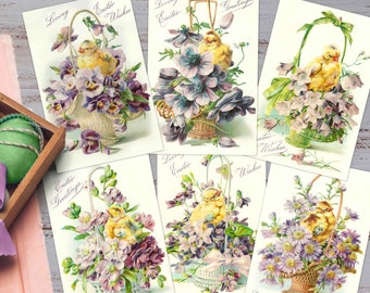 Printable Vintage Easter Card Flower Baskets & Chicks Clipart Image. Victorian postcards download. Diecut Scrapbooking junk journal, tags