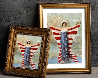 Vintage Patriotic Lady Wearing American Flag Dress July 4th Antique Patriotic Wall Decor American Flag Wall Art Printable Digital Home Decor