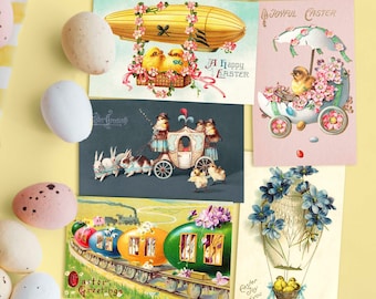 Printable Vintage Easter Card Chicks in Vehicles Clipart Image. Funny Victorian postcards Digital download. Scrapbooking, junk journals tags