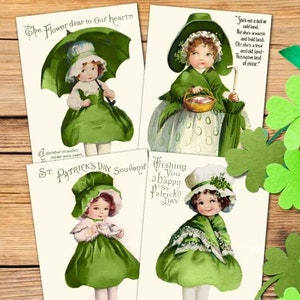 Cartões postais vintage do dia de São Patrício para impressão, download, itens vitorianos, clipart verde de meninas irlandesas, gráficos de lixo, diário de recortes