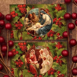 Druckbare Vintage Weihnachtspostkarten. Viktorianische Krippe und Holly Digitale Grußkarten. Baby Jesus Urlaub Scrapbooking, Junk Journals