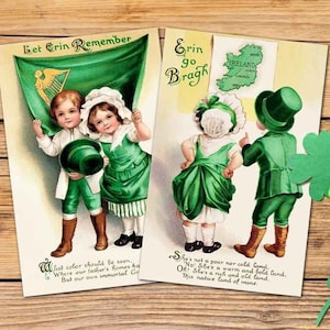 Cartões postais vintage do dia de São Patrício para impressão, download, itens vitorianos, clipart verde para meninos e meninas irlandeses, gráficos de diário de lixo, scrapbook