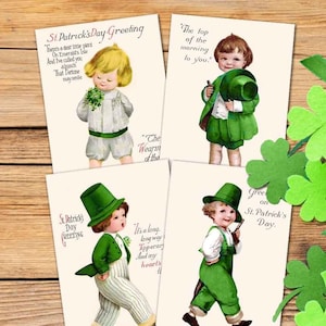 Cartes postales vintage de la Saint-Patrick à télécharger, éphémères victoriennes, graphiques Clipart vert irlandais petits garçons, album de journaux indésirables
