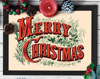 Vintage Merry Christmas Sign, Antique Print, Victorian digital printable Rustic Country, Christmas Banner Wall Art, Farmhouse home decor