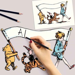 Classic Winnie the Pooh Banner Clipart, birthday party, baby shower decorations, cake topper, PNG Digital printable wall decor graphic blank