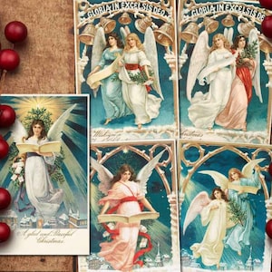 Cartes postales de Noël vintage imprimables. Carte de voeux numérique victorienne Xmas Angels. Scrapbooking de vacances, journal indésirable, clipart de décoration de fête
