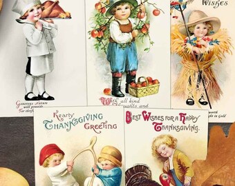 Printable Vintage Thanksgiving Postcards, Victorian Boys Digital Download. Fall Autumn decor, collage, scrapbooking, crafts, junk journals.