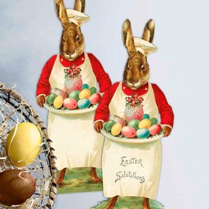 Carte postale de Pâques vintage imprimable, lapin de Pâques et oeufs de Pâques. Images clipart à télécharger de l'époque victorienne, scrapbooking, journaux indésirables, étiquettes cadeaux