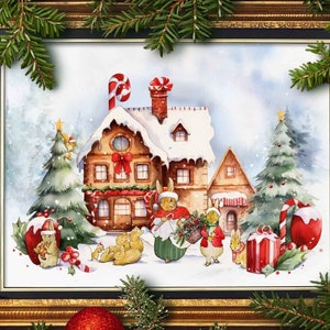 May include: A watercolor painting of a gingerbread house with a candy cane on the roof. There are several small animals in front of the house, including a rabbit carrying a basket of greenery. The scene is set in a snowy winter forest.