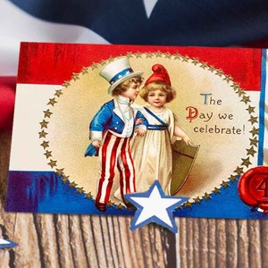 Imagen patriótica vintage americana del 4 de julio, descarga de postal victoriana, arte digital imprimible, efímera, gráficos, manualidades, scrapbooking, fiesta