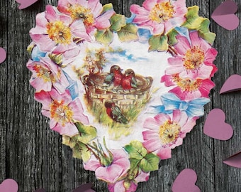 Printable Vintage Heart Valentine Card, Floral Valentine's Day Digital Download, scrapbooking, clip art, junk journals, tags, stickers birds