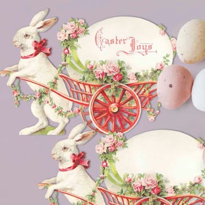 Carte postale de Pâques vintage imprimable, lapin de Pâques et oeuf de Pâques floral. Images clipart à télécharger, marque-places, journaux indésirables, étiquettes